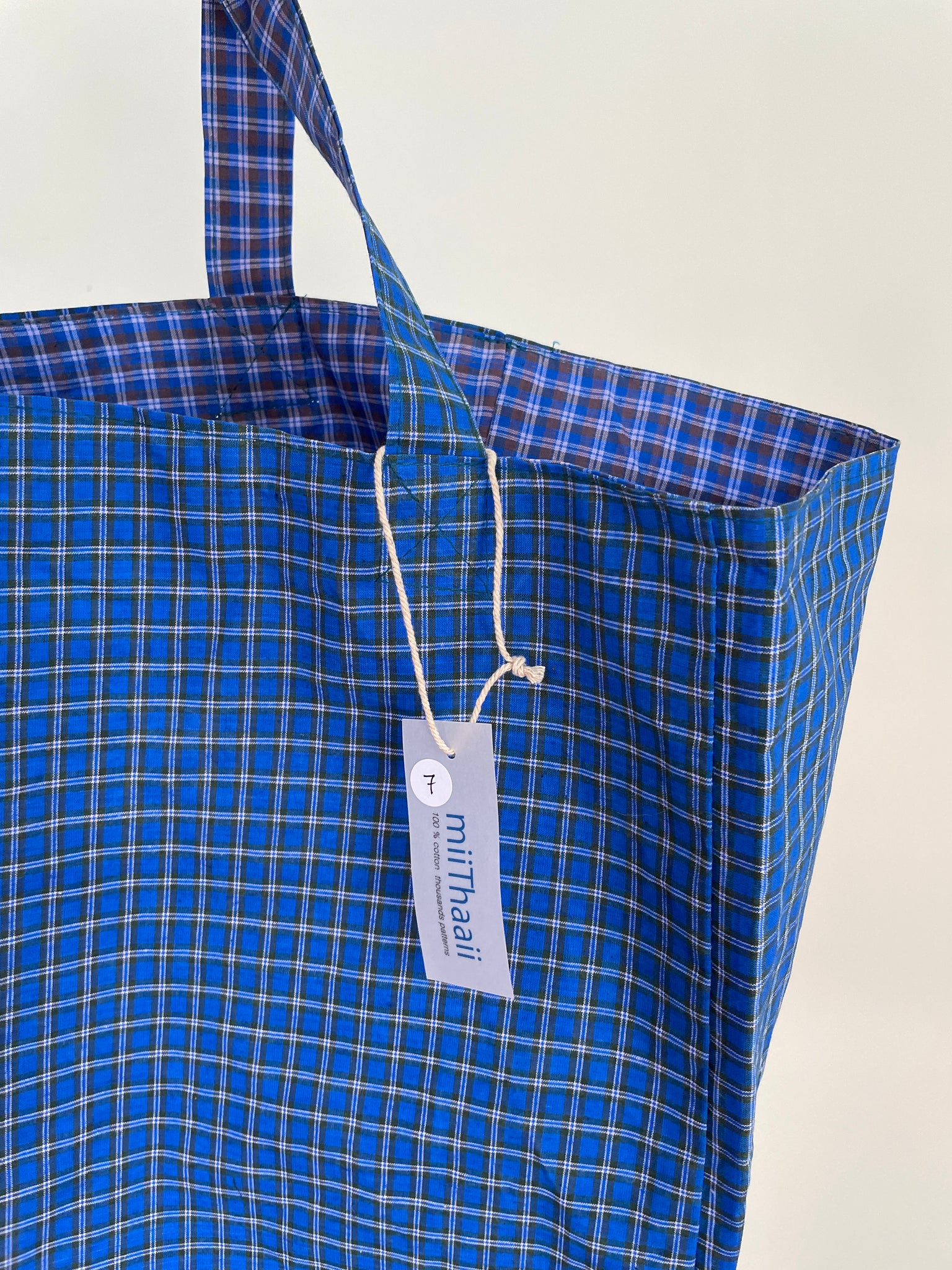Reversible Cotton Tote Bag (assorted blue checks), by MiiThaaii