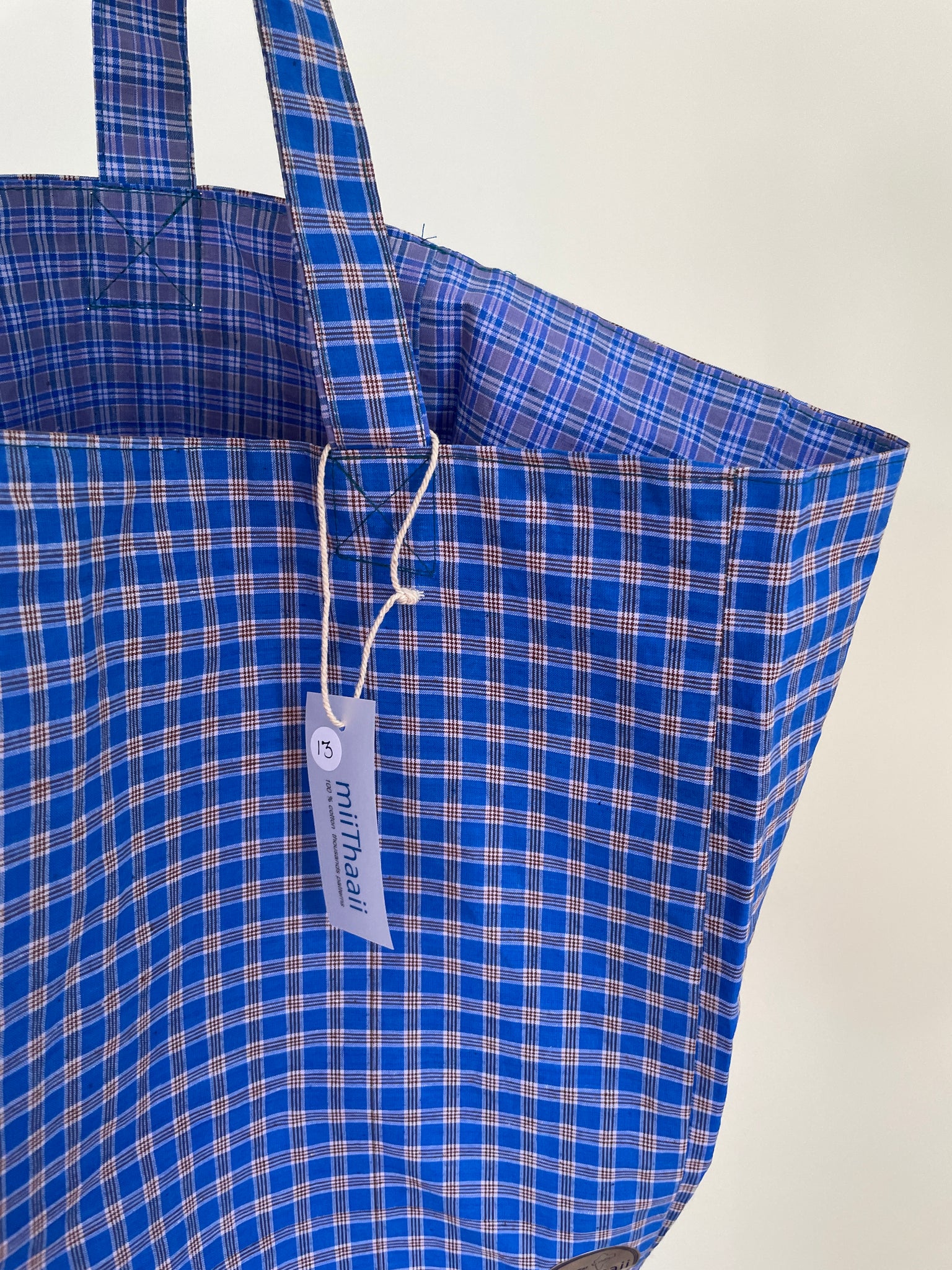 Reversible Cotton Tote Bag (assorted blue checks), by MiiThaaii