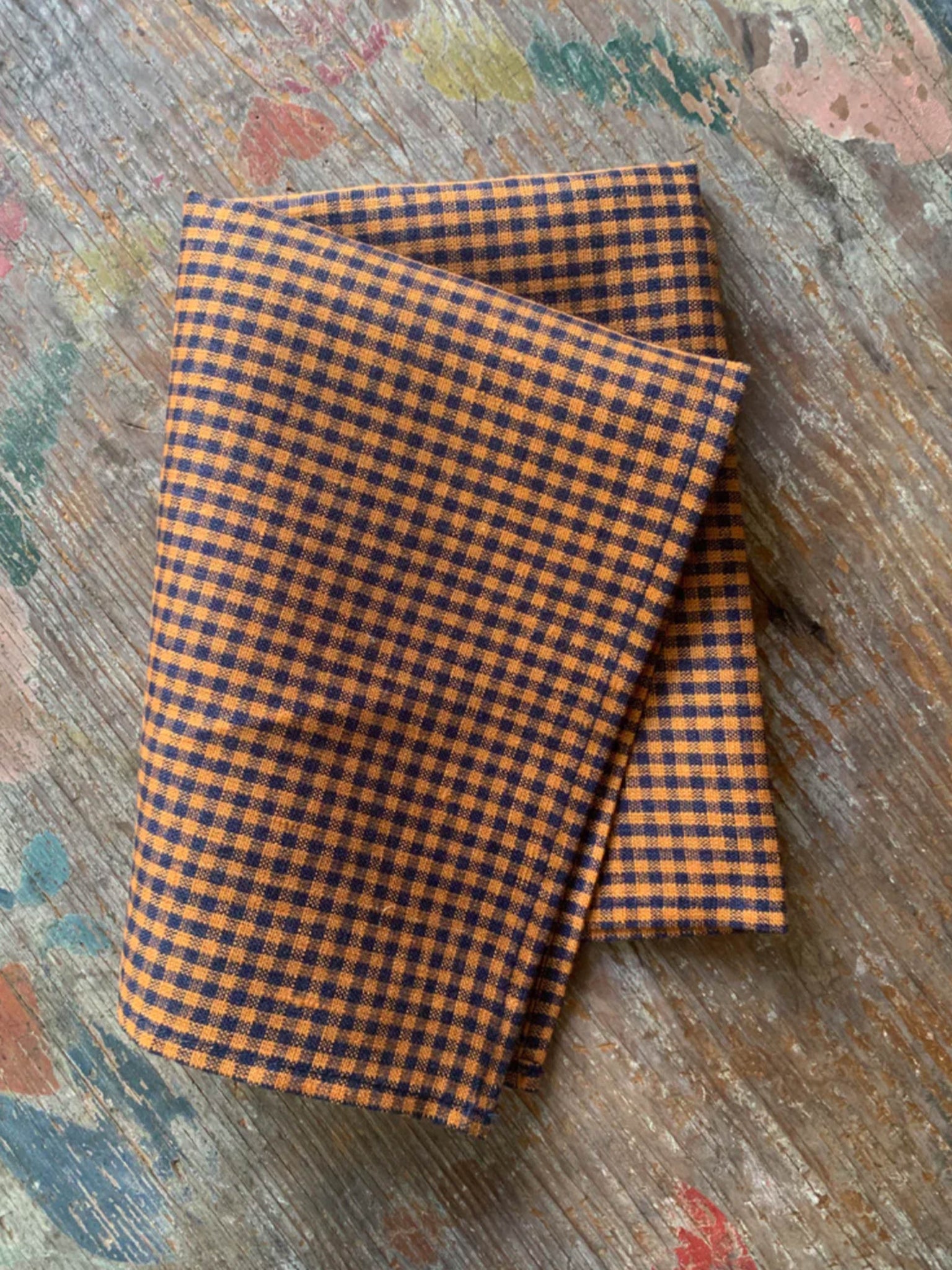 Linen Tea Towel, Orange/ Navy Check