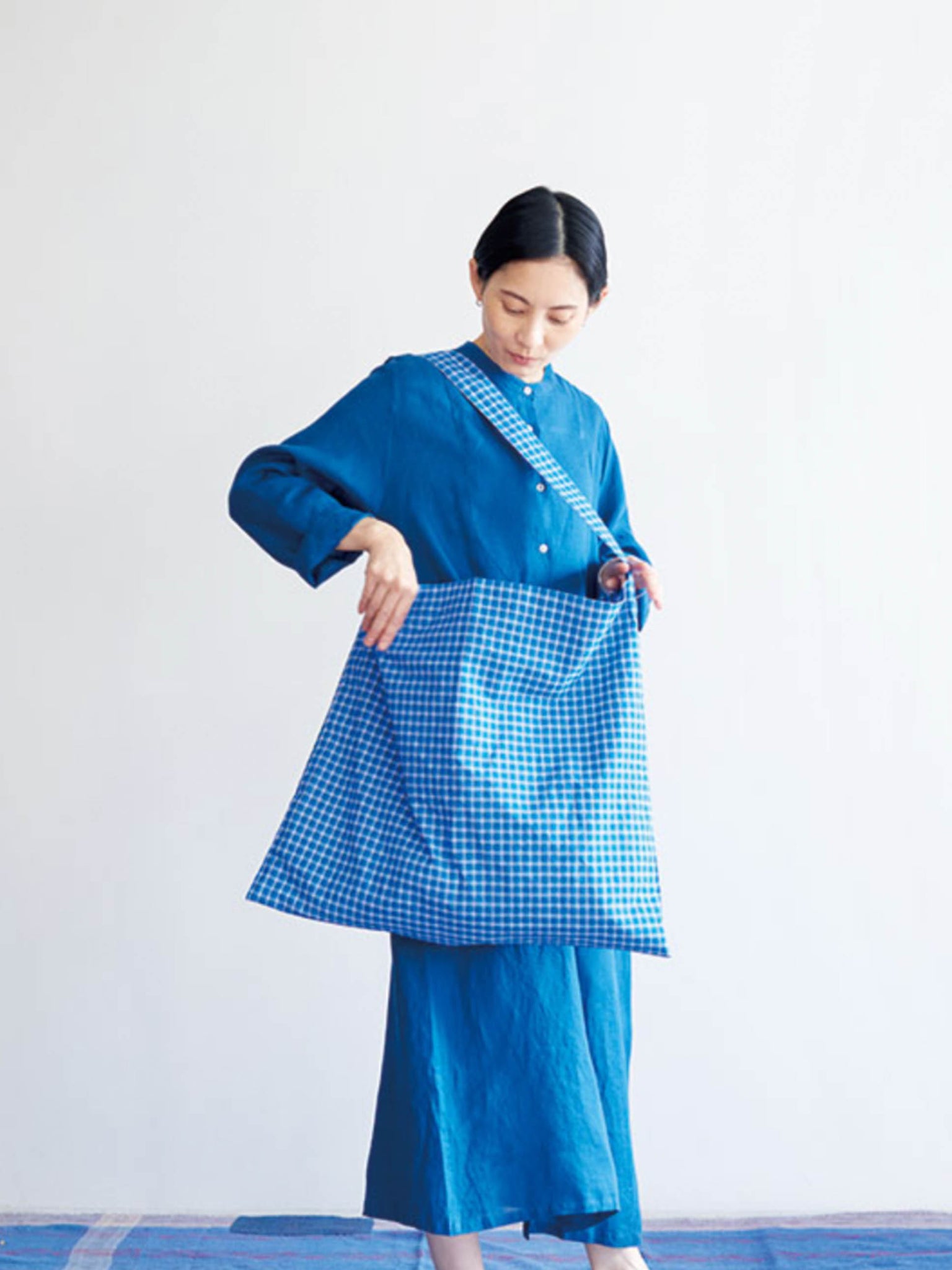 Cotton Shoulder Bag (assorted blue checks), by MiiThaaii